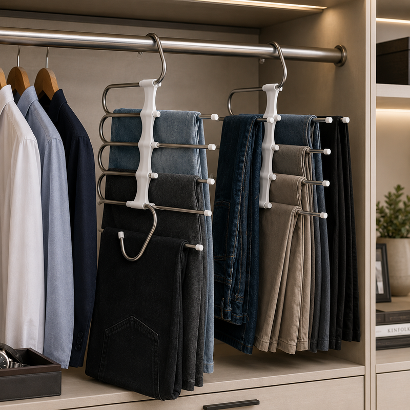 Kit de Cabides Organizadores de Calças 5 em 1 Retrátil em Aço Inox – Economize Espaço no Seu Guarda-Roupa