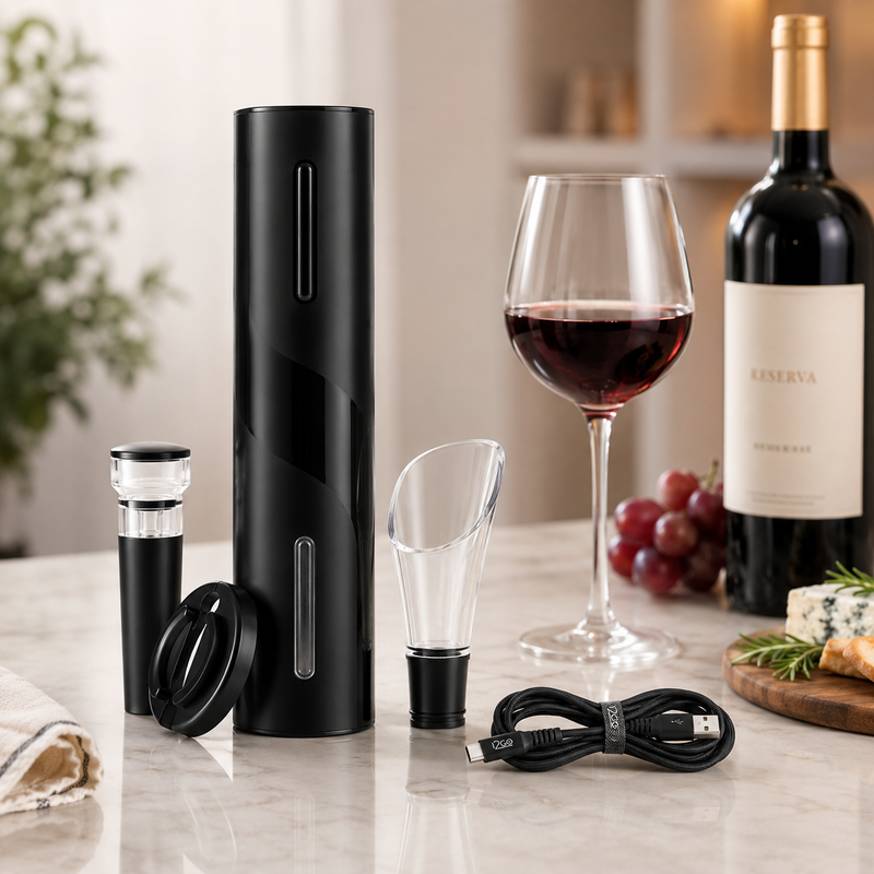 Abridor de Vinho Elétrico Recarregável USB Automático + Kit Completo com Cortador, Derramador e Rolha a Vácuo | Orville Decor