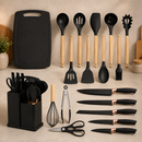 Kit 19 Utensílios de Cozinha em Silicone Preto com Facas e Tábua