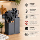Kit 19 Utensílios de Cozinha em Silicone Preto com Facas e Tábua