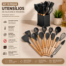 Kit 19 Utensílios de Cozinha em Silicone Preto com Facas e Tábua