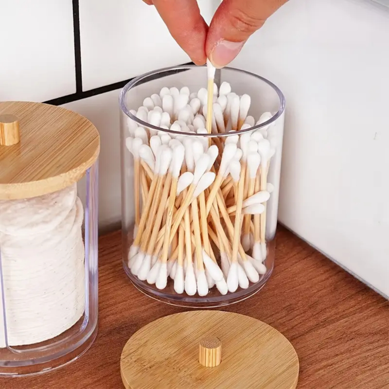 Potes de Acrílico com Tampa de Bambu – Ideal para Cotonetes e Algodão
