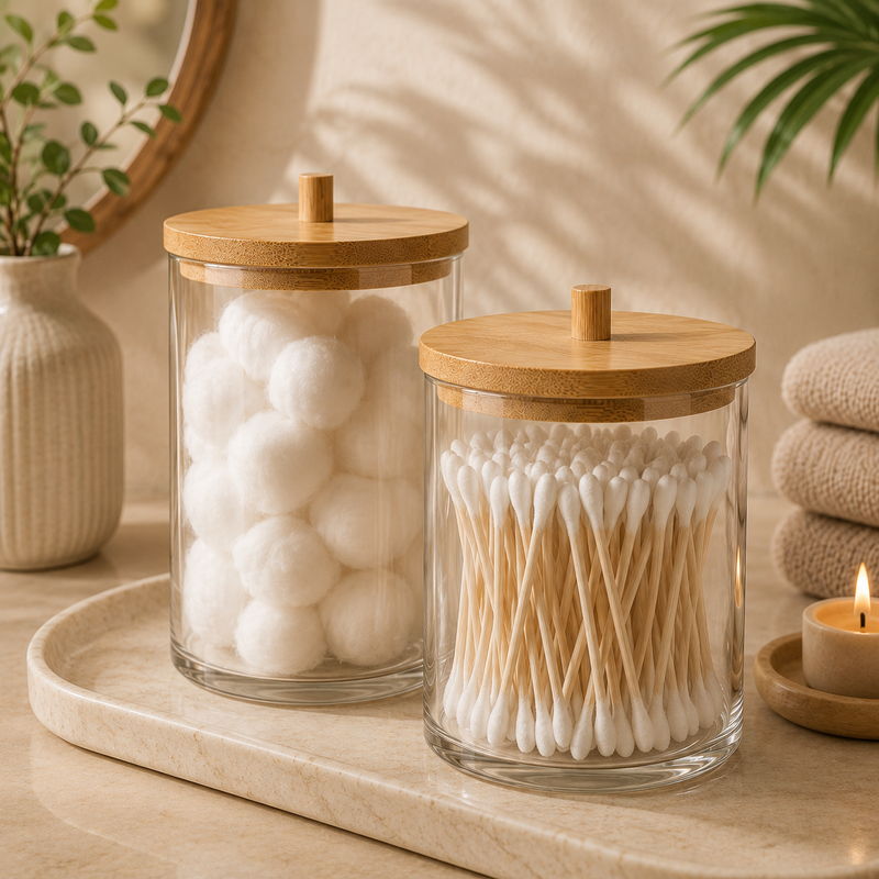 Potes de Acrílico com Tampa de Bambu para Organização de Banheiro | Orville Decor